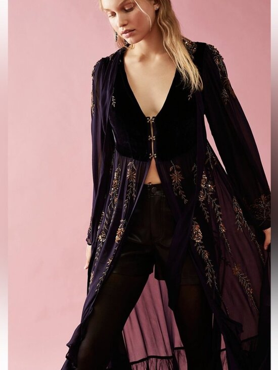 Free People Jackets & Blazers - Free People Navy Beaded Sheer Maxi Kimono Duster NWT $800 Retail